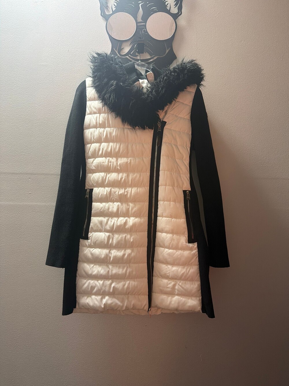 Black and White Coat with Black Faux Fur Collar Quilted Front Panel